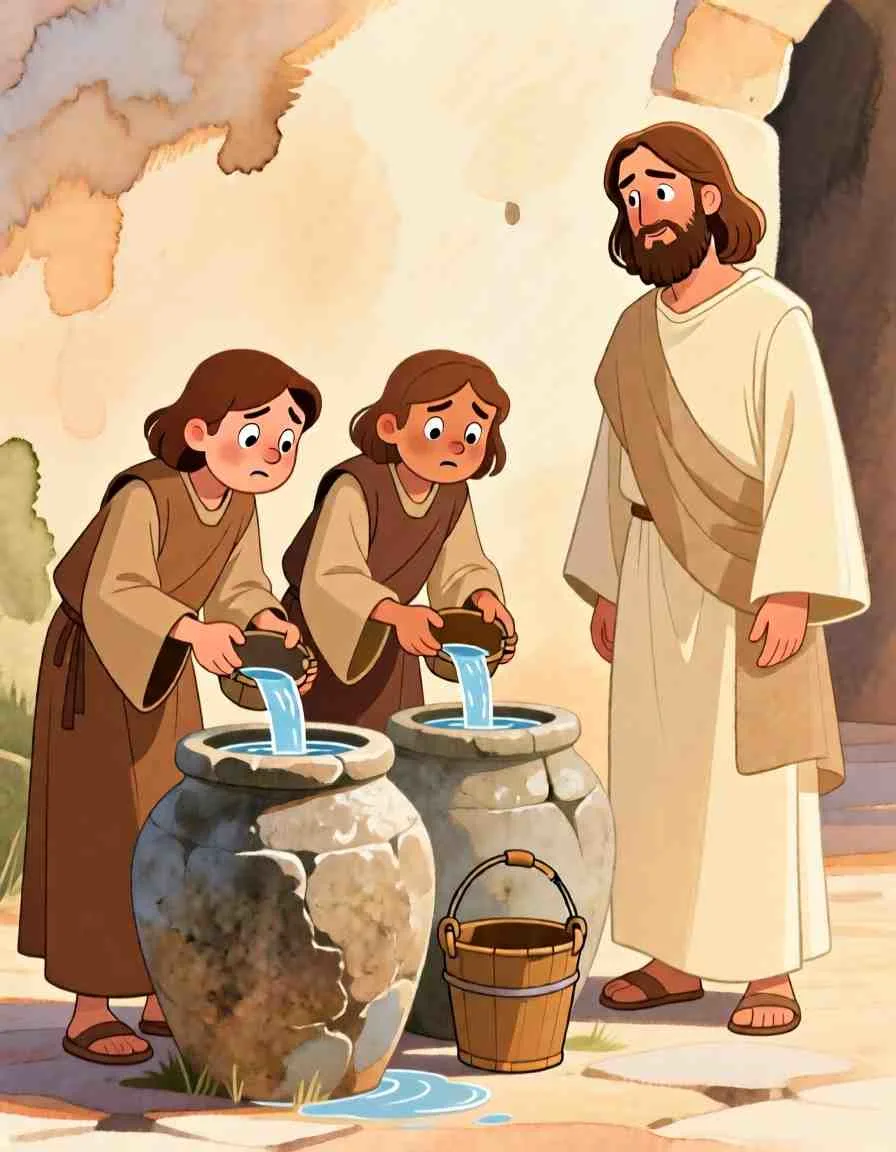 Cinematic 3D scene of servants pouring water from smaller jars into large, heavy stone containers.