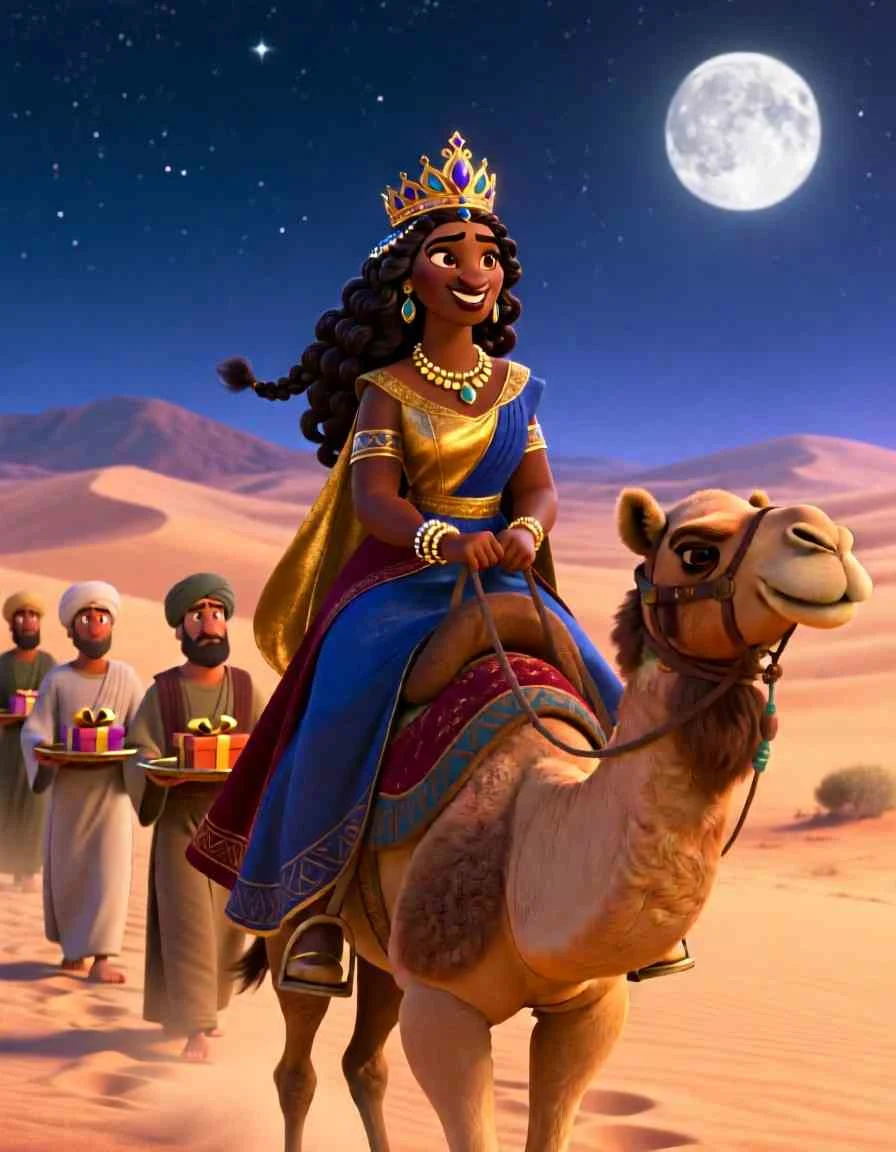 3D cartoon illustration of camels loaded with treasures walking across vast, sunlit sand dunes.