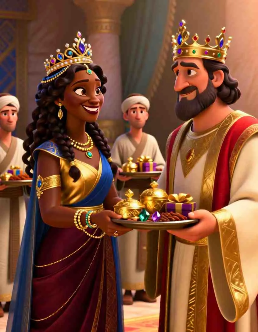 Heartwarming 3D illustration of servants presenting beautiful treasures and aromatic spices in golden bowls.