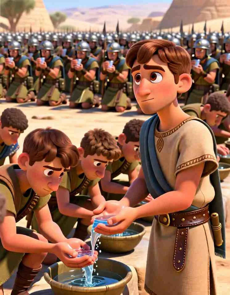 Cinematic 3D scene of soldiers scooping water with their hands at a river to stay alert.