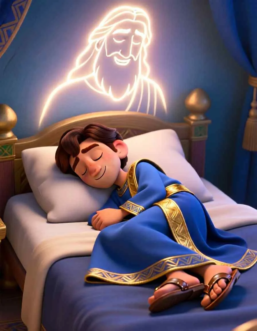 3D cartoon illustration of a young king sleeping peacefully as a warm, glowing light fills his room.