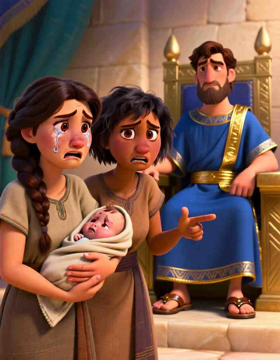 Cinematic 3D scene of King Solomon sitting on a golden throne, listening carefully to two women in his court.