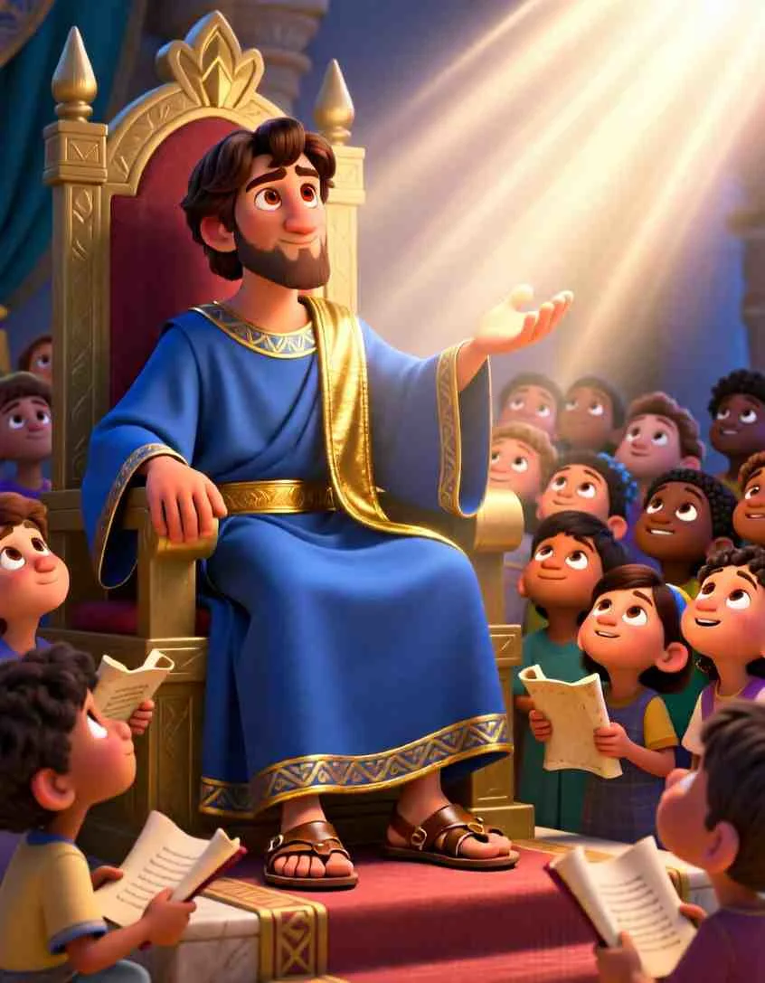Heartwarming 3D illustration of King Solomon sharing wise words with people who have traveled from far away.