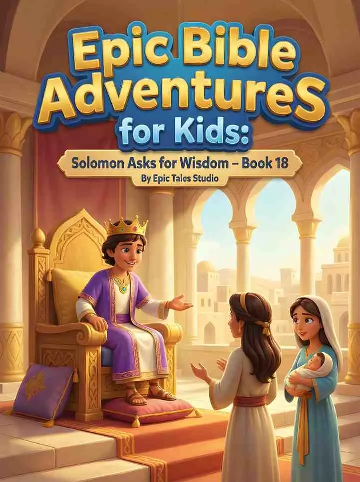 Front cover of Solomon Asks for Wisdom children's book featuring cinematic 3D art of a young king.