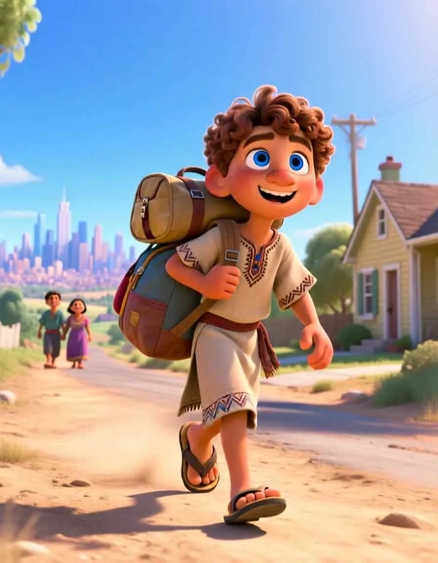 3D cartoon illustration of a young man carrying a bag and waving goodbye to a beautiful house.