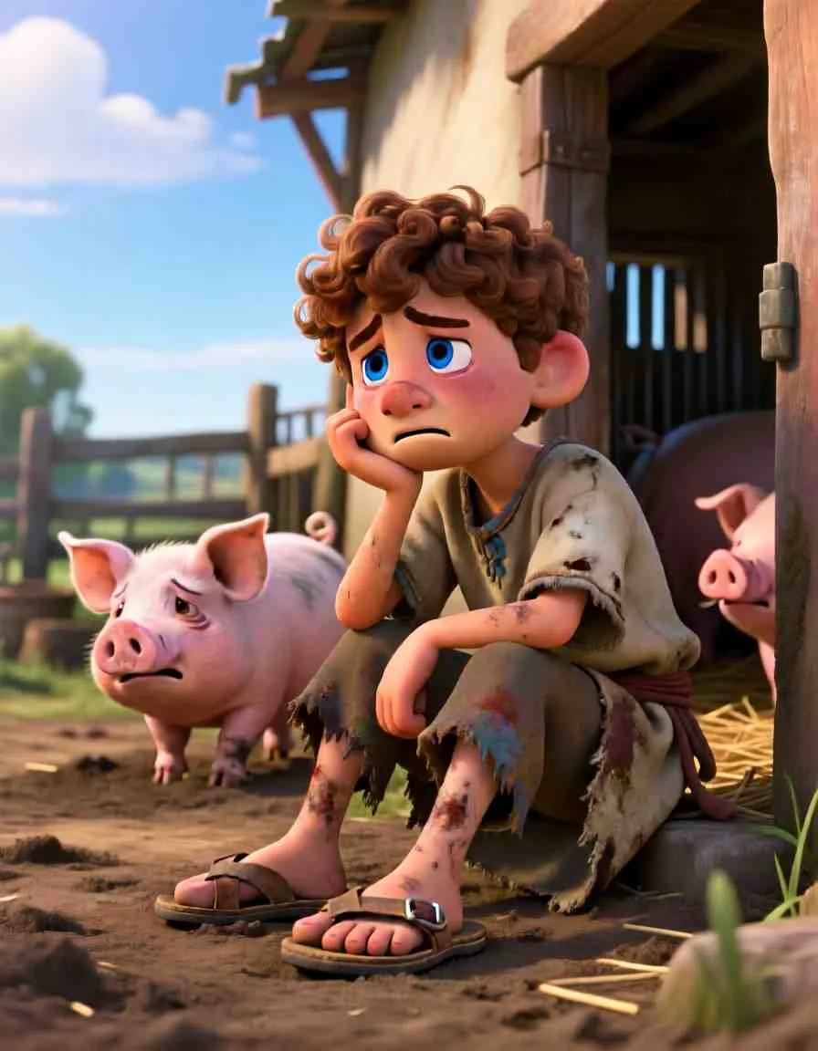 3D Pixar-style illustration of the prodigal son from the Bible story for kids, looking lonely