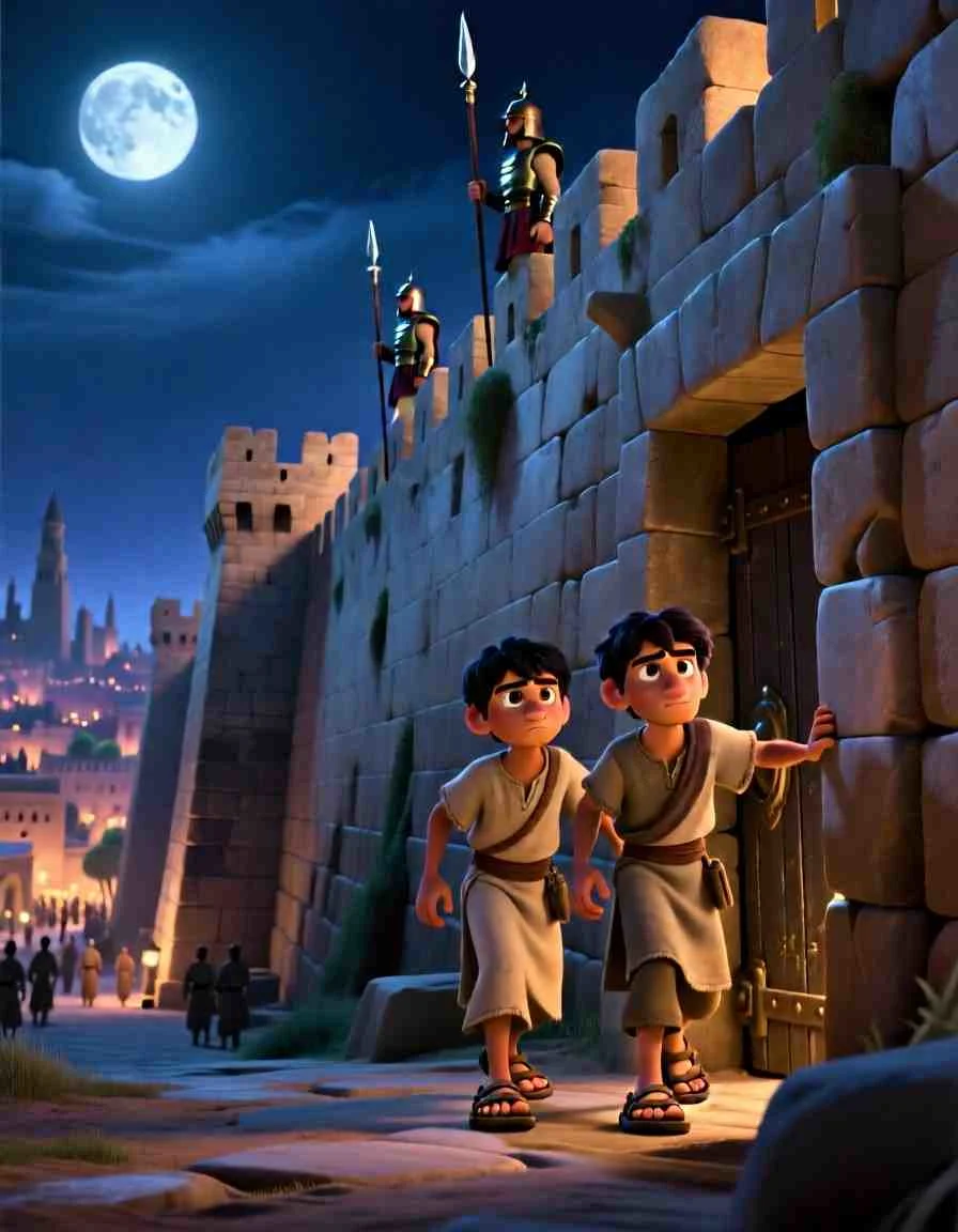 3D cartoon illustration of two men walking cautiously toward a massive stone gate under a starry night sky.