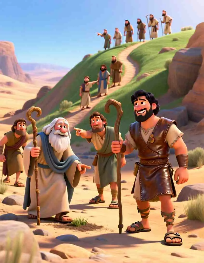 3D cartoon illustration of twelve men walking through a vibrant green valley filled with trees.
