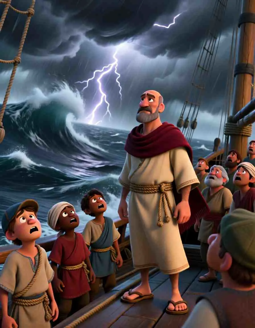 3D cartoon illustration of a large wooden ship being tossed by giant blue waves under dark, rainy clouds.