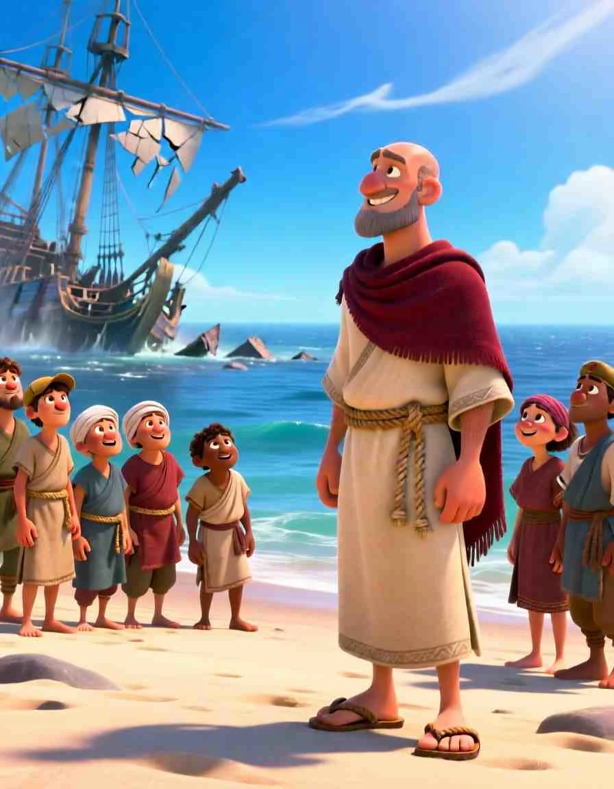 Heartwarming 3D illustration of people standing on a sunny beach, looking back at the waves with