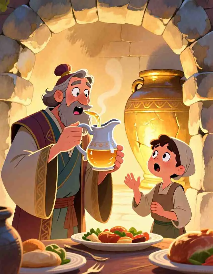 Heartwarming 3D illustration of a man looking surprised and happy as he tastes from a golden cup.