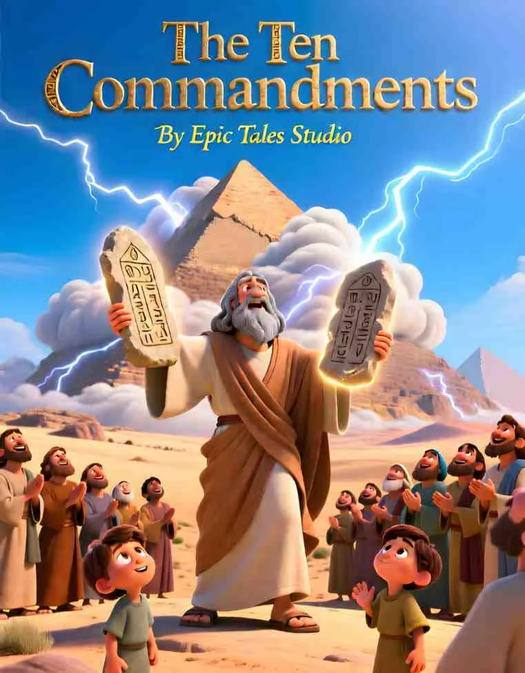 Front cover of The Ten Commandments children's book featuring cinematic 3D art of Moses and stone tablets.