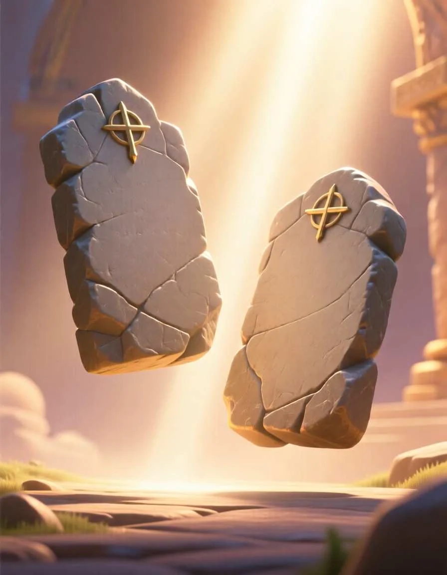 Cinematic 3D scene of two large stone tablets held carefully, featuring ancient-style writing.