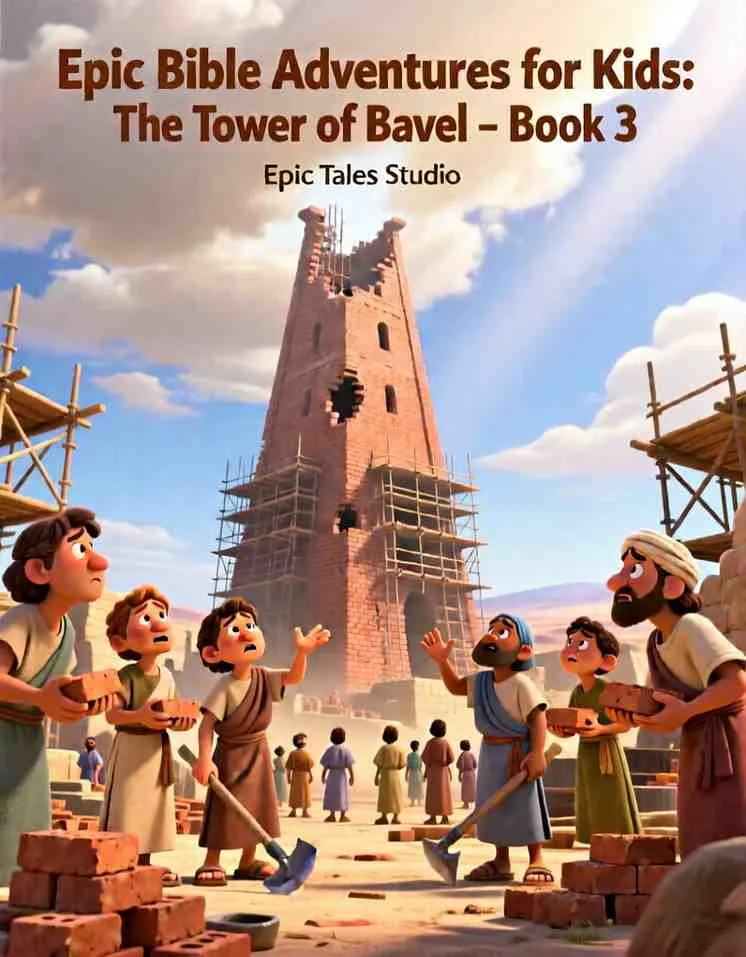 Front cover of The Tower of Babel children's book featuring a cinematic 3D tower reaching into the sky.