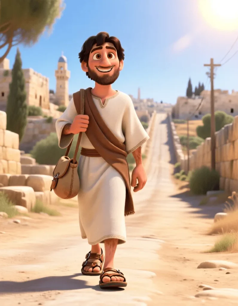 3D illustration of a traveler walking down a scenic, dusty biblical road with mountains in the background.