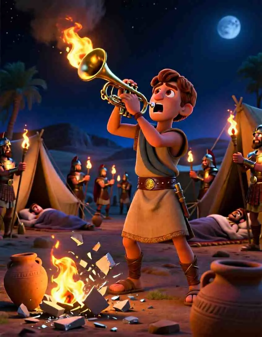 Heartwarming 3D illustration of bright torches and trumpets blowing in the night to win the battle.
