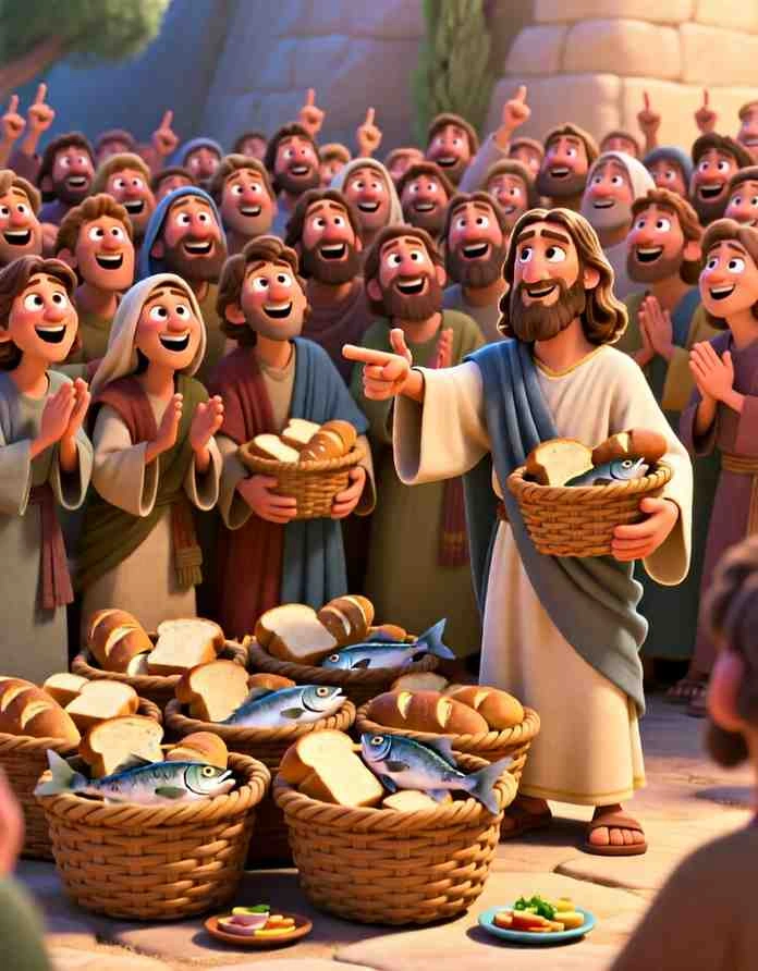 Miraculous 3D illustration of twelve baskets filled with leftover bread and fish after everyone was full.