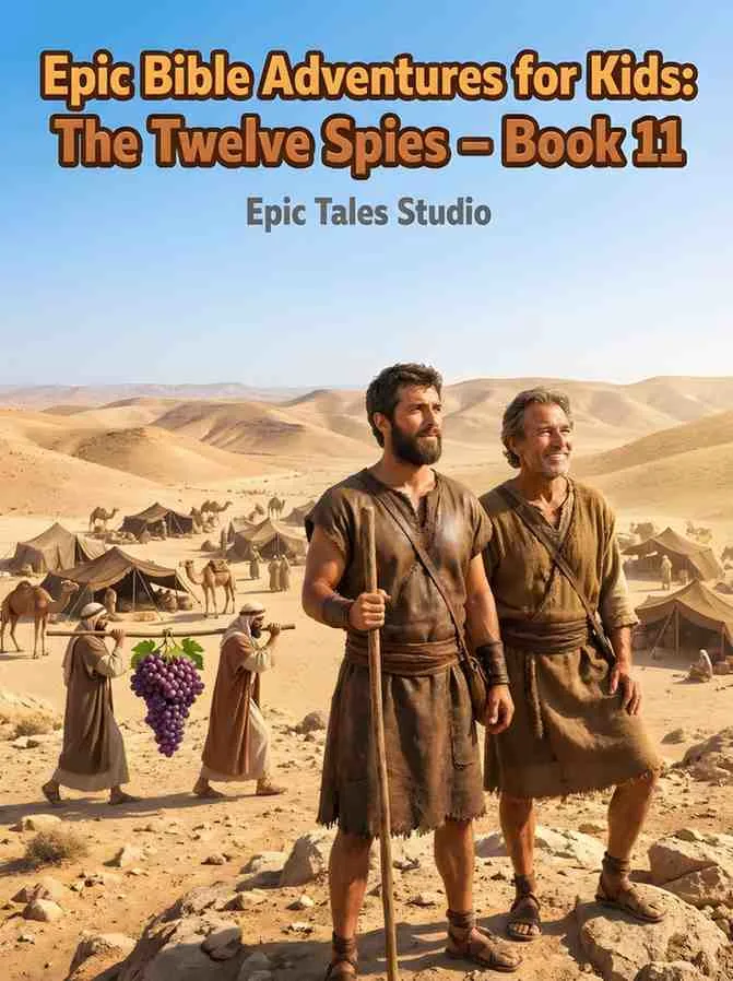 Front cover of The Twelve Spies children's book featuring cinematic 3D art of explorers in a lush land.