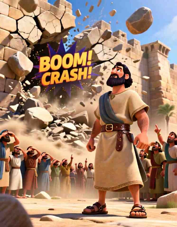 Joshua and the Battle of Jericho – Calm Bedtime Bible Story Miraculous 3D illustration of the walls of Jericho falling as the people celebrate their victory.