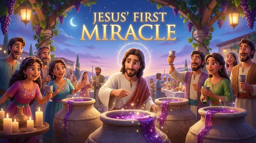 Jesus turning water into wine at the wedding in Cana, 3D animated biblical scene.