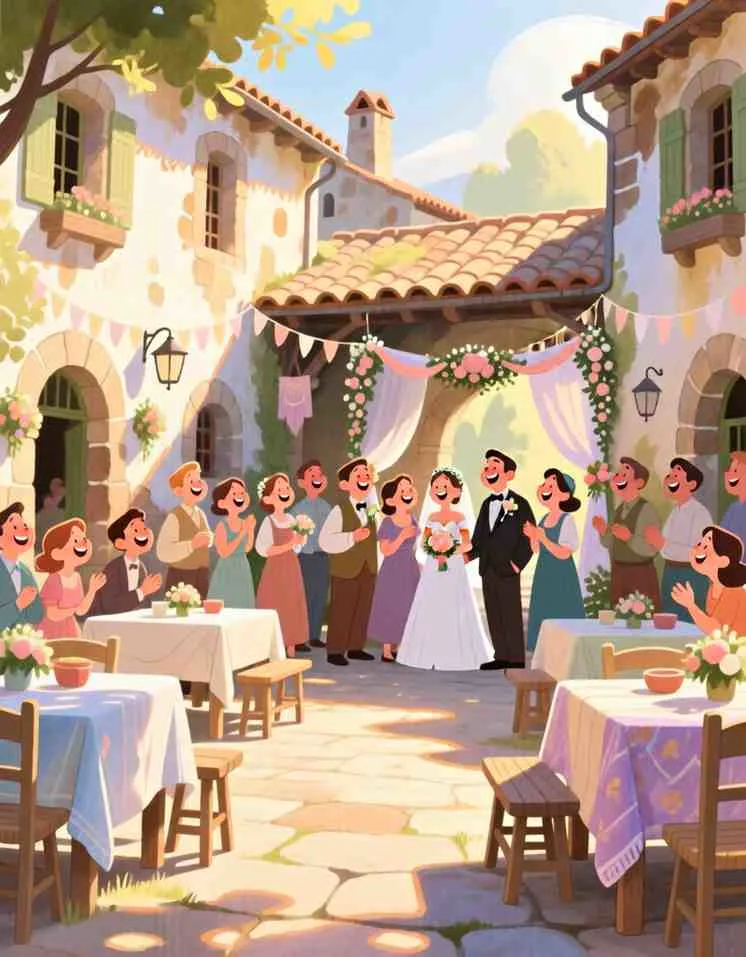 3D cartoon illustration of people in colorful robes laughing and celebrating at a long banquet table.