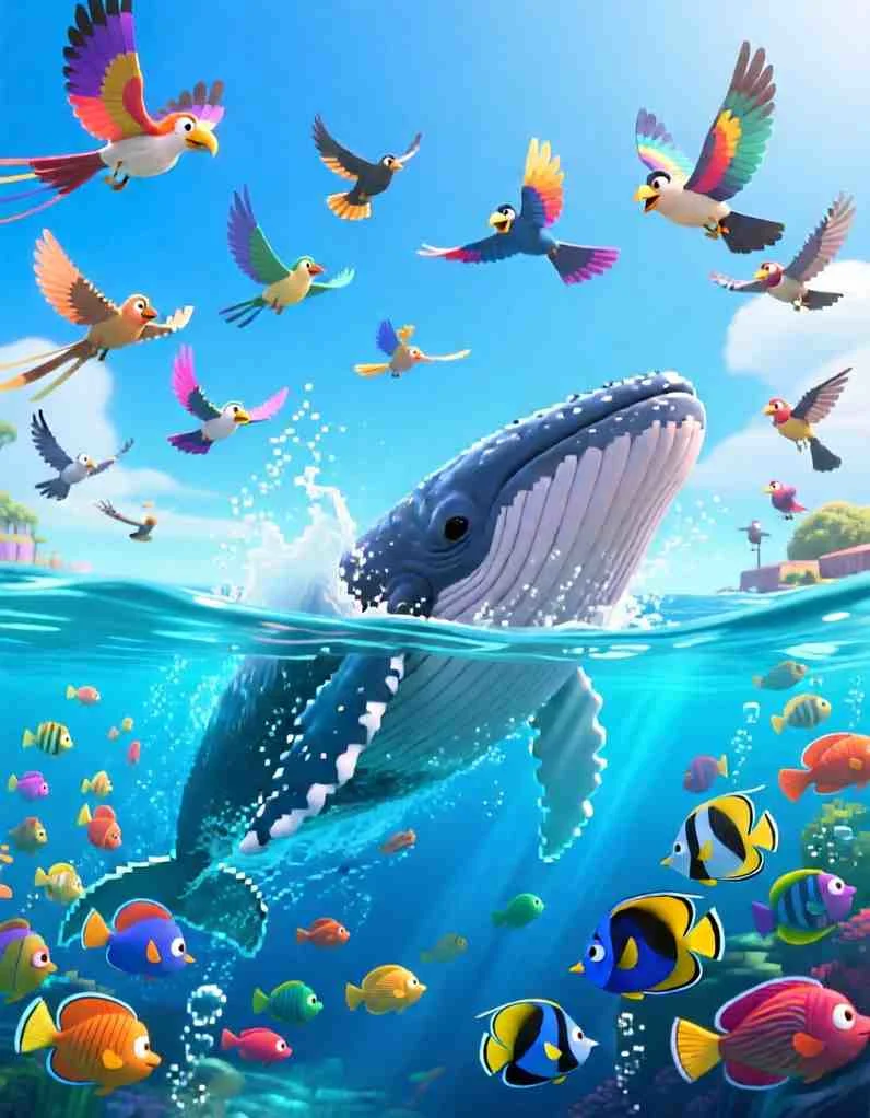 Cinematic 3D scene of giant whales splashing in deep blue water and colorful birds flying through a clear sky.