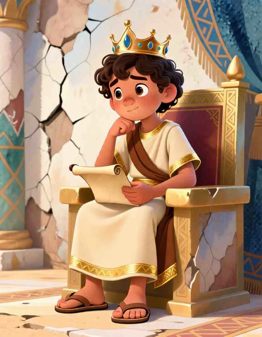 3D cartoon illustration of a small boy standing bravely while being crowned king in a grand palace.
