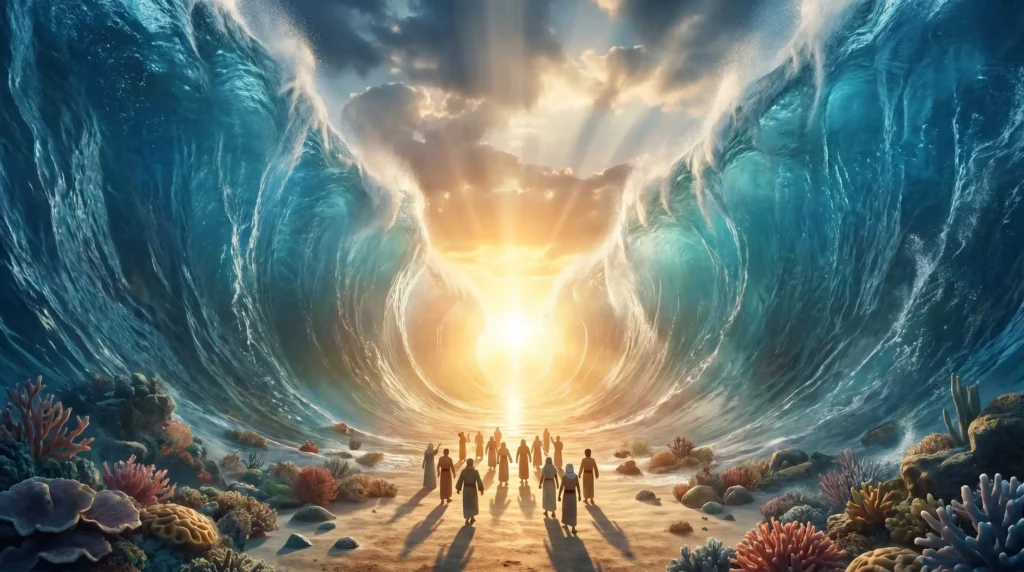 A cinematic 16:9 3D Pixar-style illustration of a magical outdoor theater stage featuring Noah’s Ark. The stage is surrounded by glowing play buttons, film strips representing Epic Faith Studio’s YouTube animation collection.