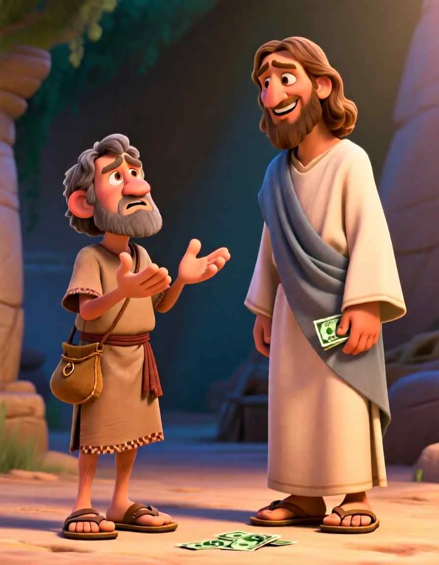 Heartwarming 3D illustration of Jesus smiling and talking with Zacchaeus outside his beautiful home.