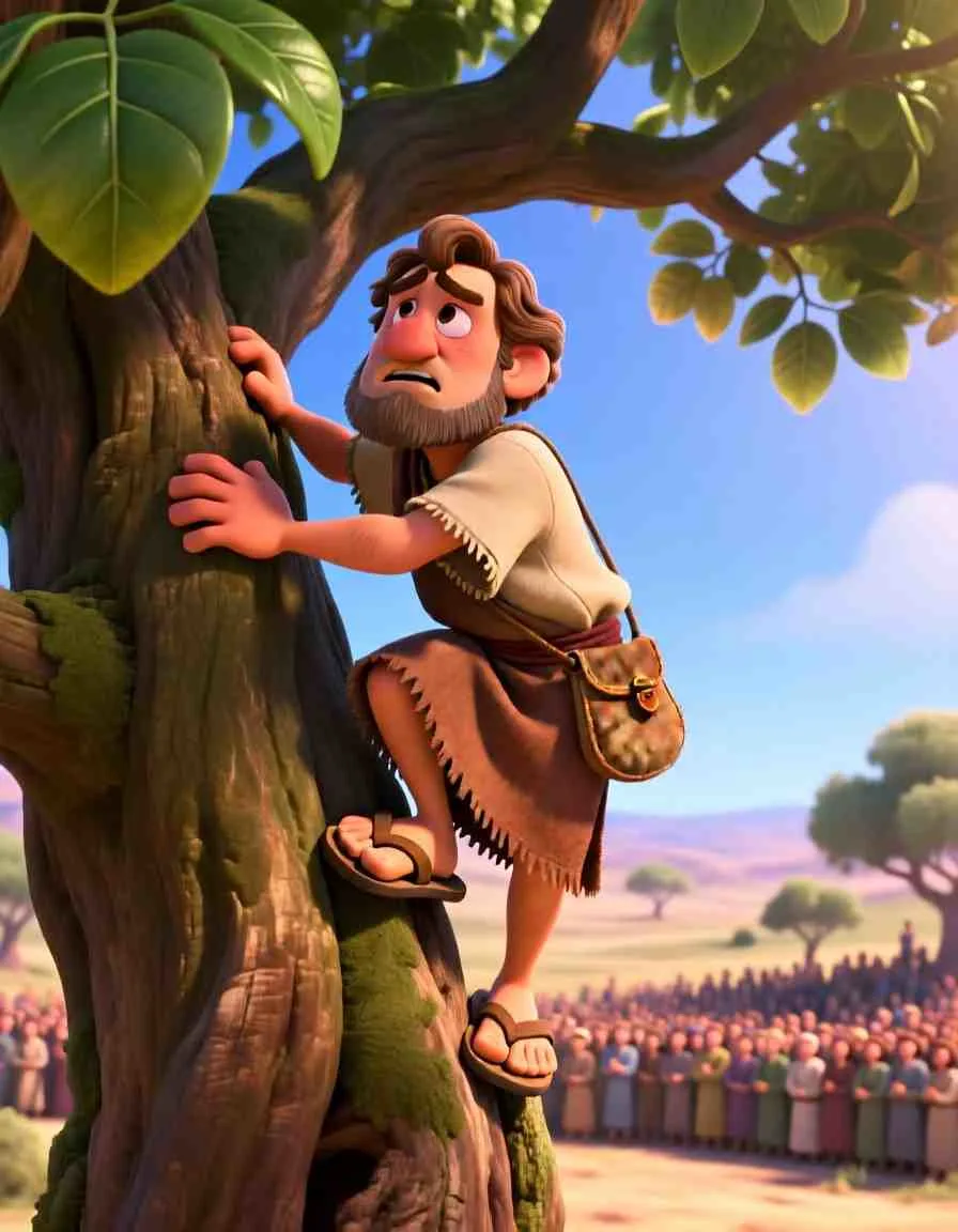 Cinematic 3D scene of a short man climbing up into the green leaves of a sycamore tree.
