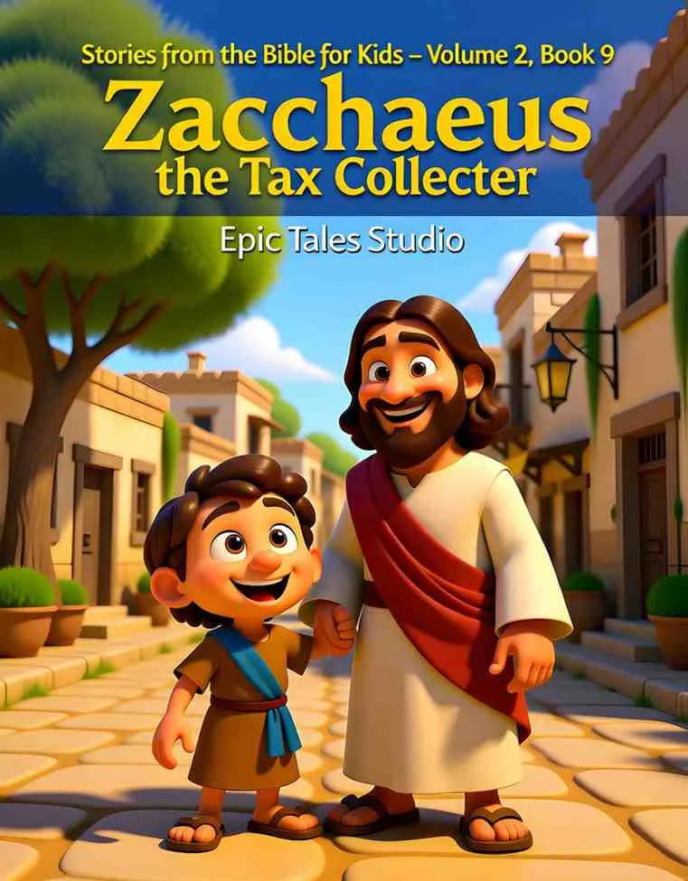 Front cover of Zacchaeus the Tax Collector children's Bible story featuring 3D cinematic animation style.