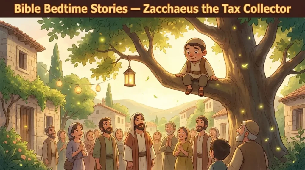 Zacchaeus climbing a sycamore tree to see Jesus passing by, 3D Pixar-style animation.