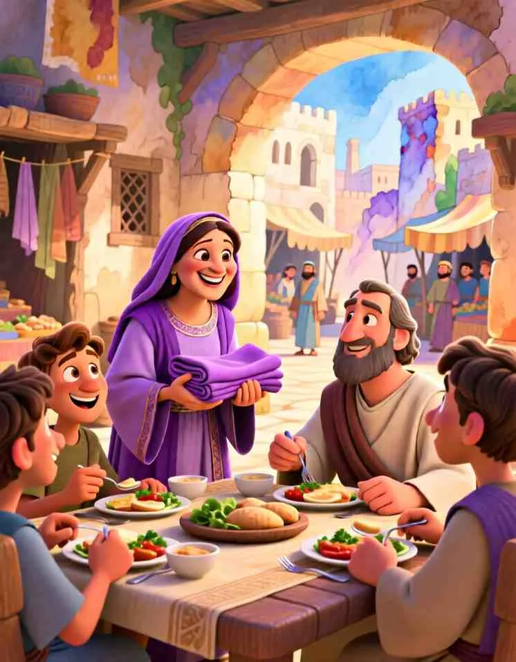 2D cartoon style scene of a generous Lydia smiling warmly as she serves plates of fresh food to Paul and friends gathered inside her cozy home.