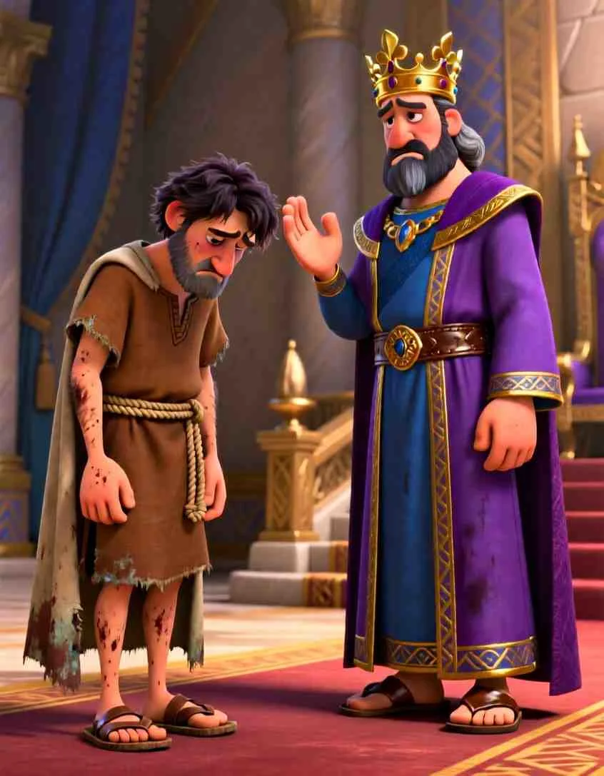 2D digital art illustration of a sad king addressing the ungrateful servant, teaching the kingdom about mercy.