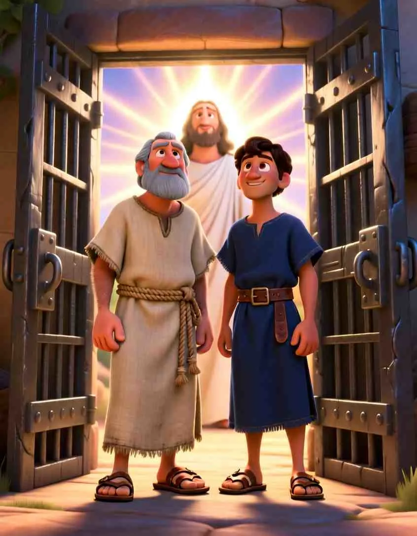 Warm 2D cartoon illustration of the jailer and his happy family standing near an open courtyard door, filled with joy and light.