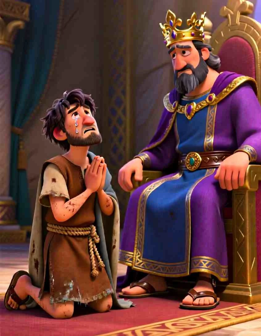 2D storybook illustration of a crying servant kneeling before a wise king in a purple robe, begging for patience.