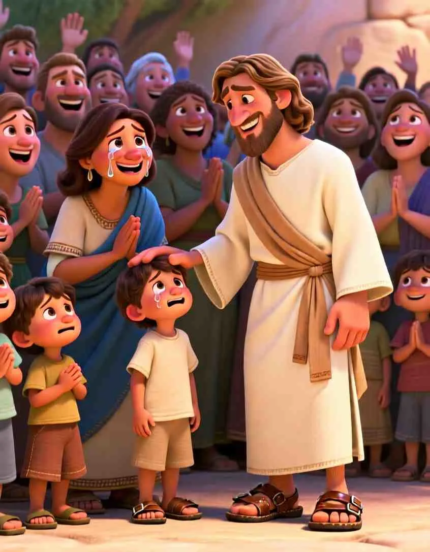 3D cartoon style scene of a joyful mother crying tears of happiness as Jesus places a gentle hand on her young boy's head.