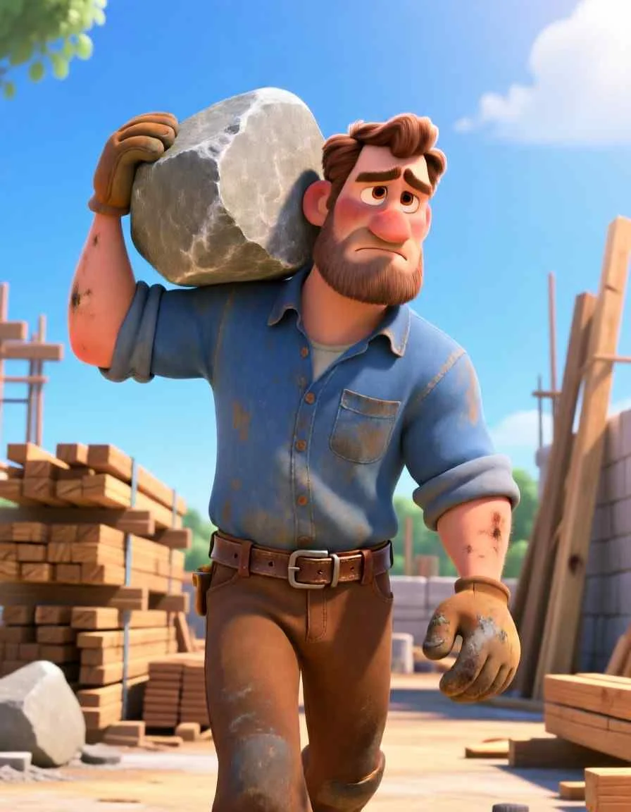 3D Pixar style illustration of a strong, wise builder walking past his sturdy stone house built safely on top of a massive rock cliff.
