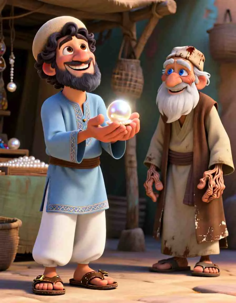 Pearl of Great Price – Animated Bible Adventure Warm 2D storybook style digital art of the merchant sitting at night by a lantern, thoughtfully considering his beautiful pearl collection.