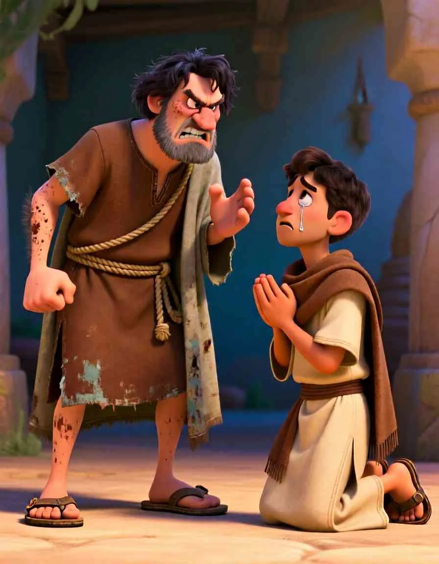 Bright 2D cartoon scene in a marketplace showing an angry servant demanding money from a poor man on his knees.