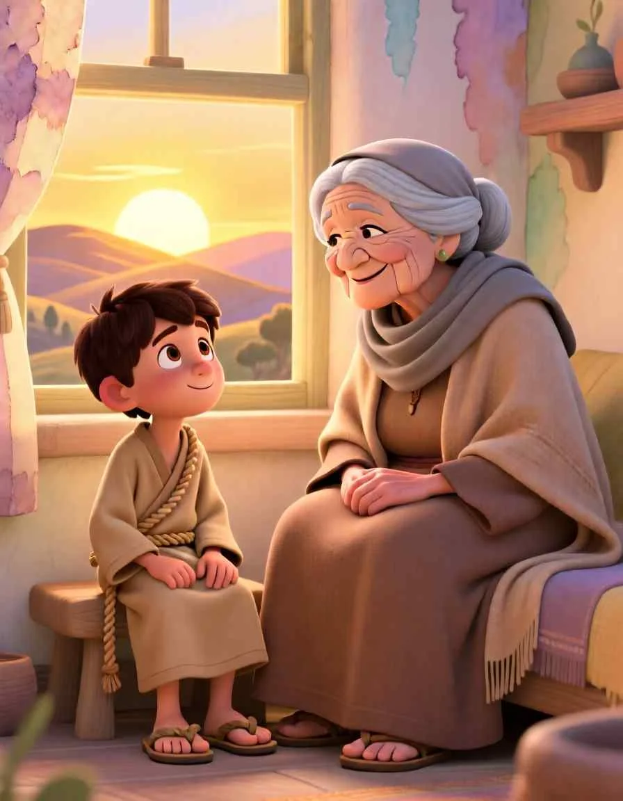 2D children's book style illustration of young Timothy sitting on a wooden bench, listening attentively to his grandmother Lois near a window at sunset.