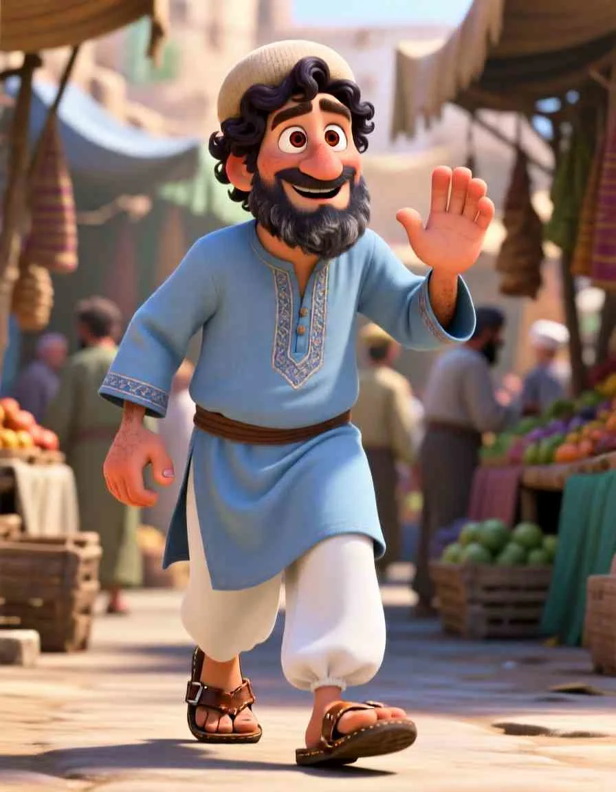 Pearl of Great Price – Animated Bible Adventure 2D watercolor children's book style illustration of a merchant standing at a market stall, looking in absolute wonder at a glowing flawless pearl.