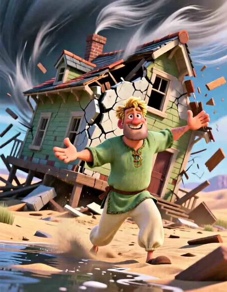 3D cartoon style scene of a shocked, foolish builder running away as his house cracks and collapses into rushing floodwaters.