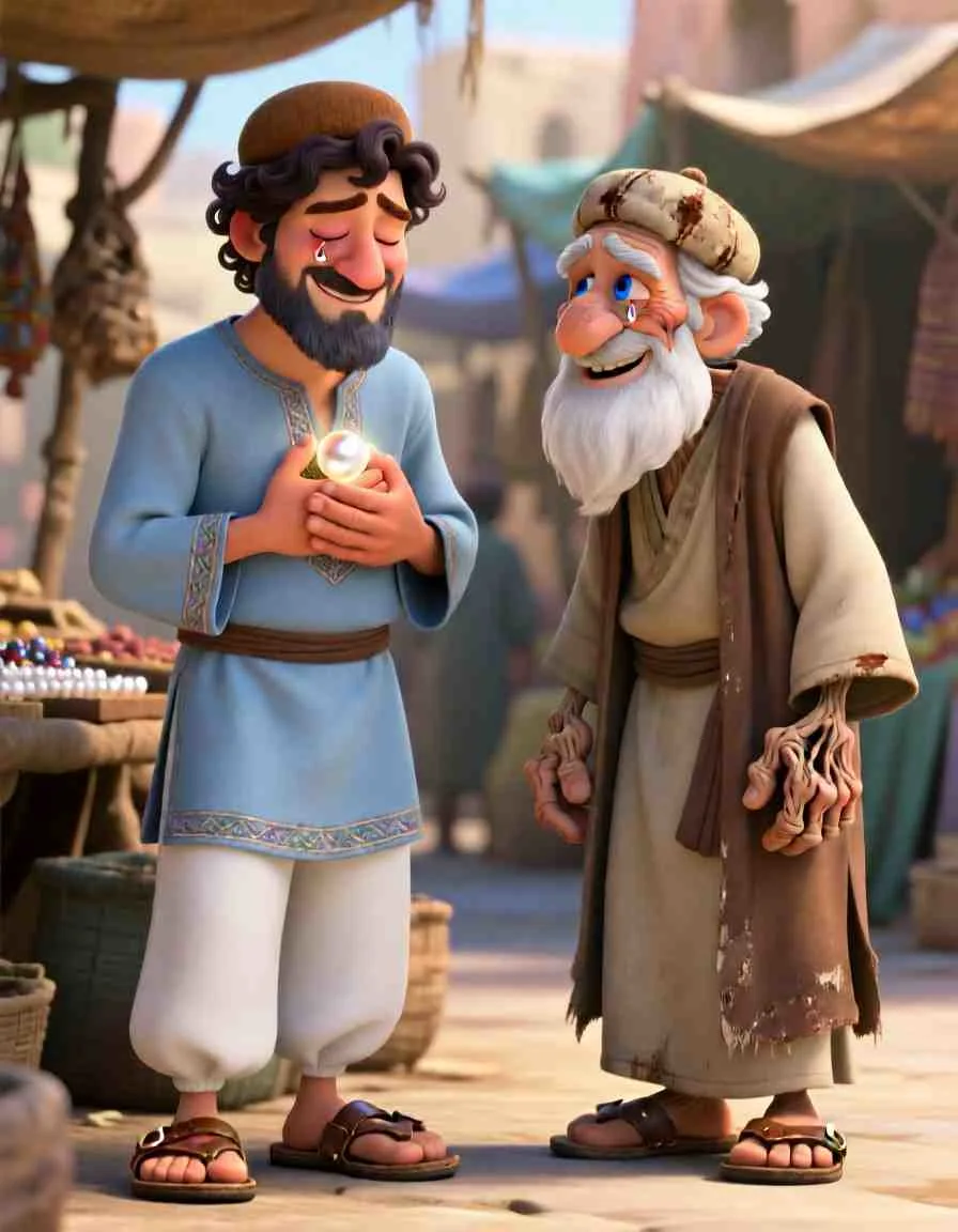 Pearl of Great Price – Animated Bible Adventure Joyful 2D illustration of the merchant holding the luminous pearl close to his chest with both hands under soft, peaceful lighting.