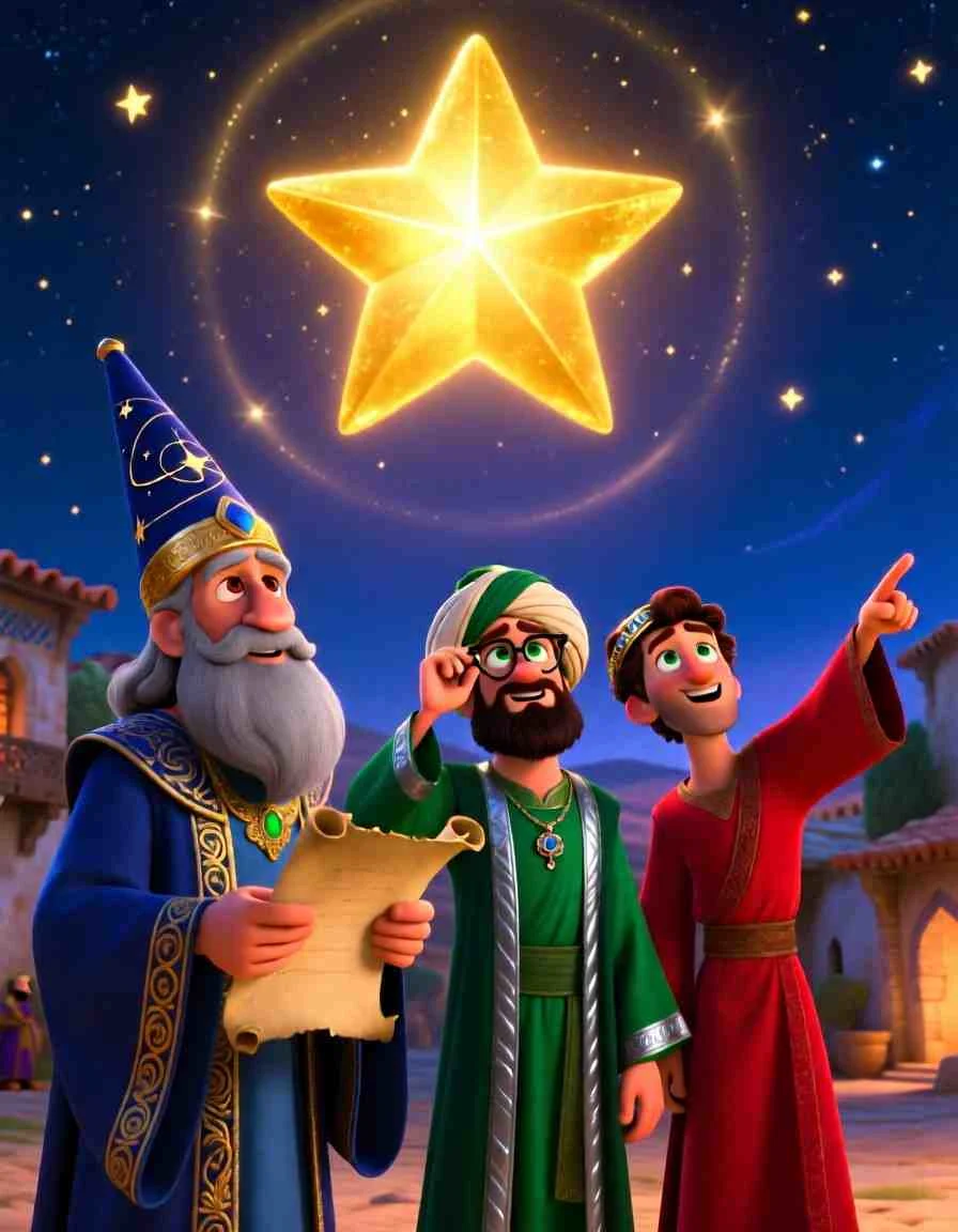 3D Pixar style illustration of the three Wise Men standing together at night, looking up in absolute wonder at a giant, glowing golden star.