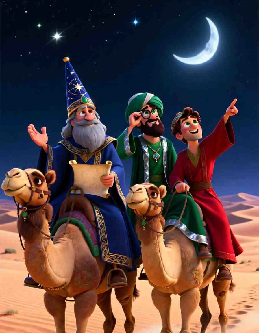 Cinematic 3D animated scene of the Wise Men riding camels across golden sand dunes under a starry night sky following a bright star guide.