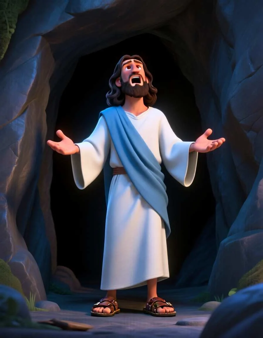 Beautiful 3D animated scene of Jesus standing tall at the entrance of a dark cave tomb, calling out into the shadows with open arms.