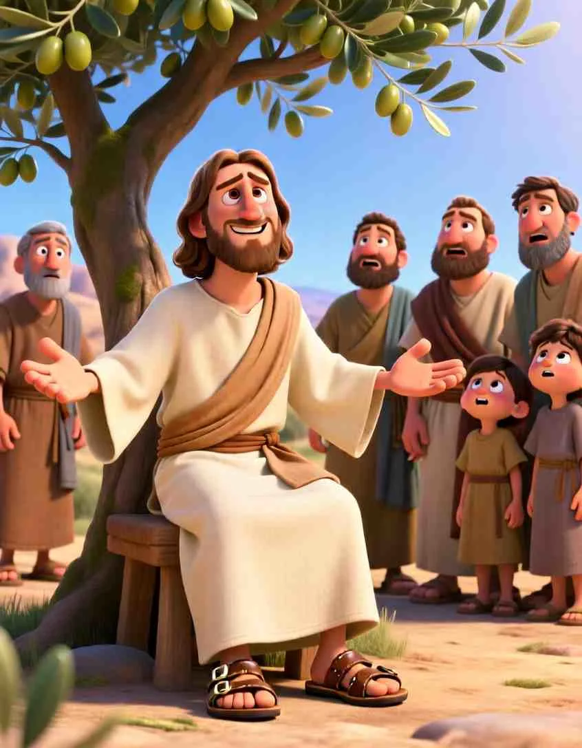 3D Pixar style illustration of Jesus standing up with a warm smile and wide open arms to welcome a crowd of happy children running toward Him.