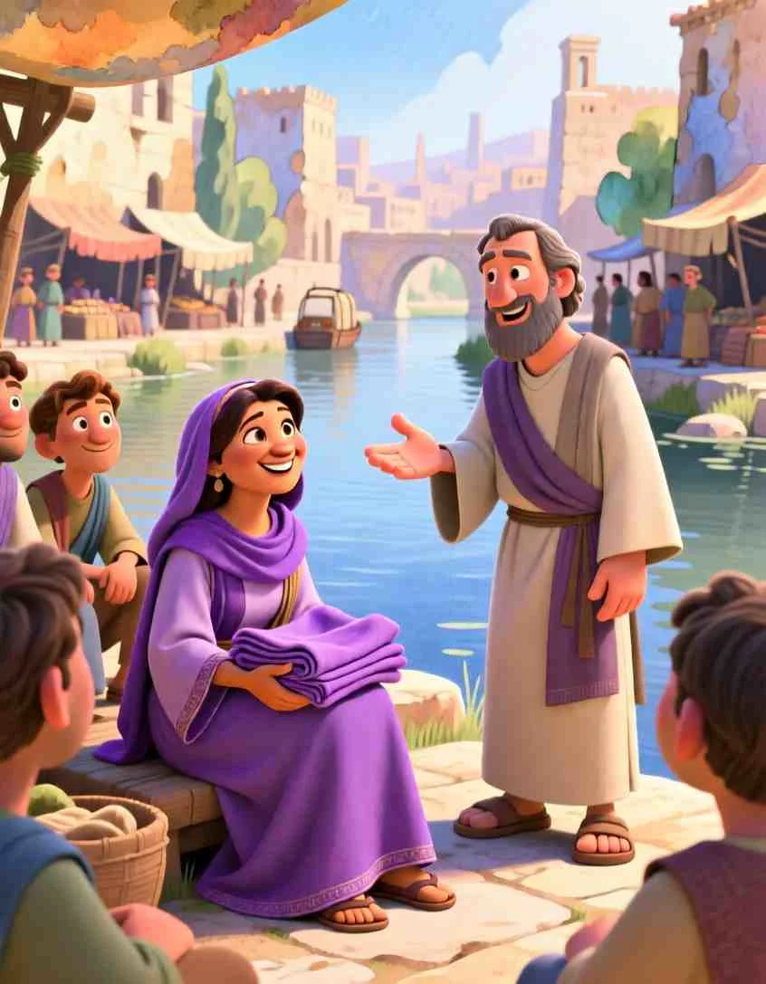 Beautiful 2D storybook style digital art of Lydia sitting by a peaceful riverbank, listening carefully to the apostle Paul teach.