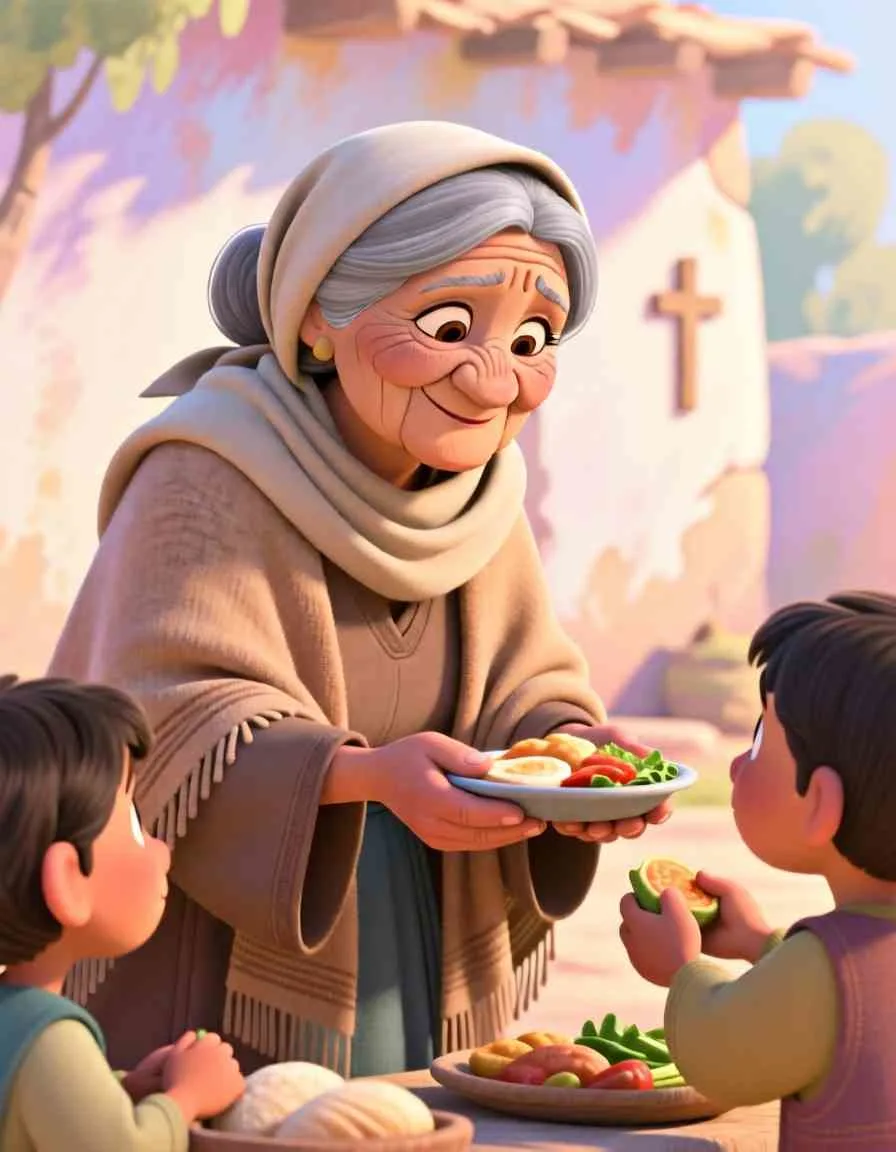 Warm 2D watercolor illustration of grandmother Lois smiling as she shares a fresh plate of food with young neighbors in the village.